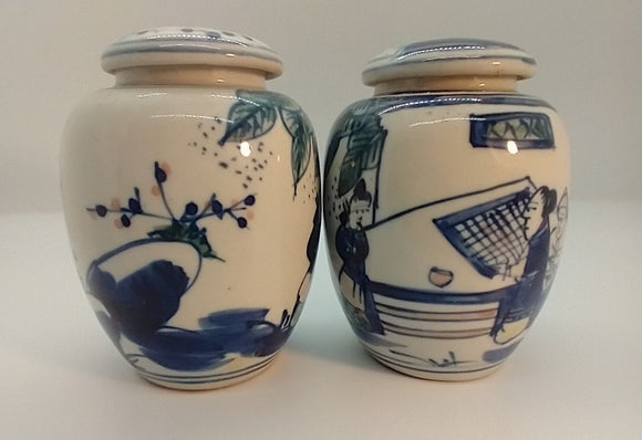 Pair of Hand Painted Antique Asian Porcelain Condiment Jars