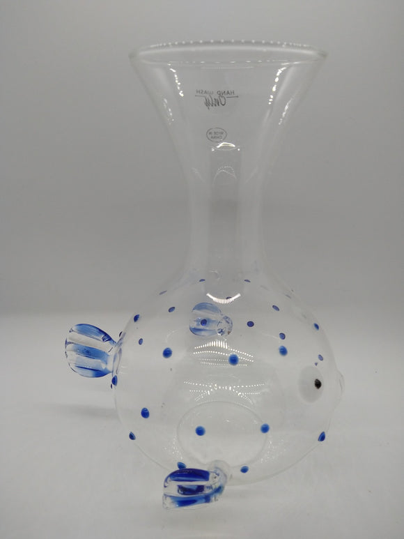 Glass vase shaped like a puffer fish with blue polka dots and fins
