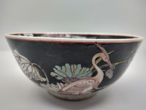 Vintage Hand Painted Porcelain Bowl, Crane Birds & Humming Birds